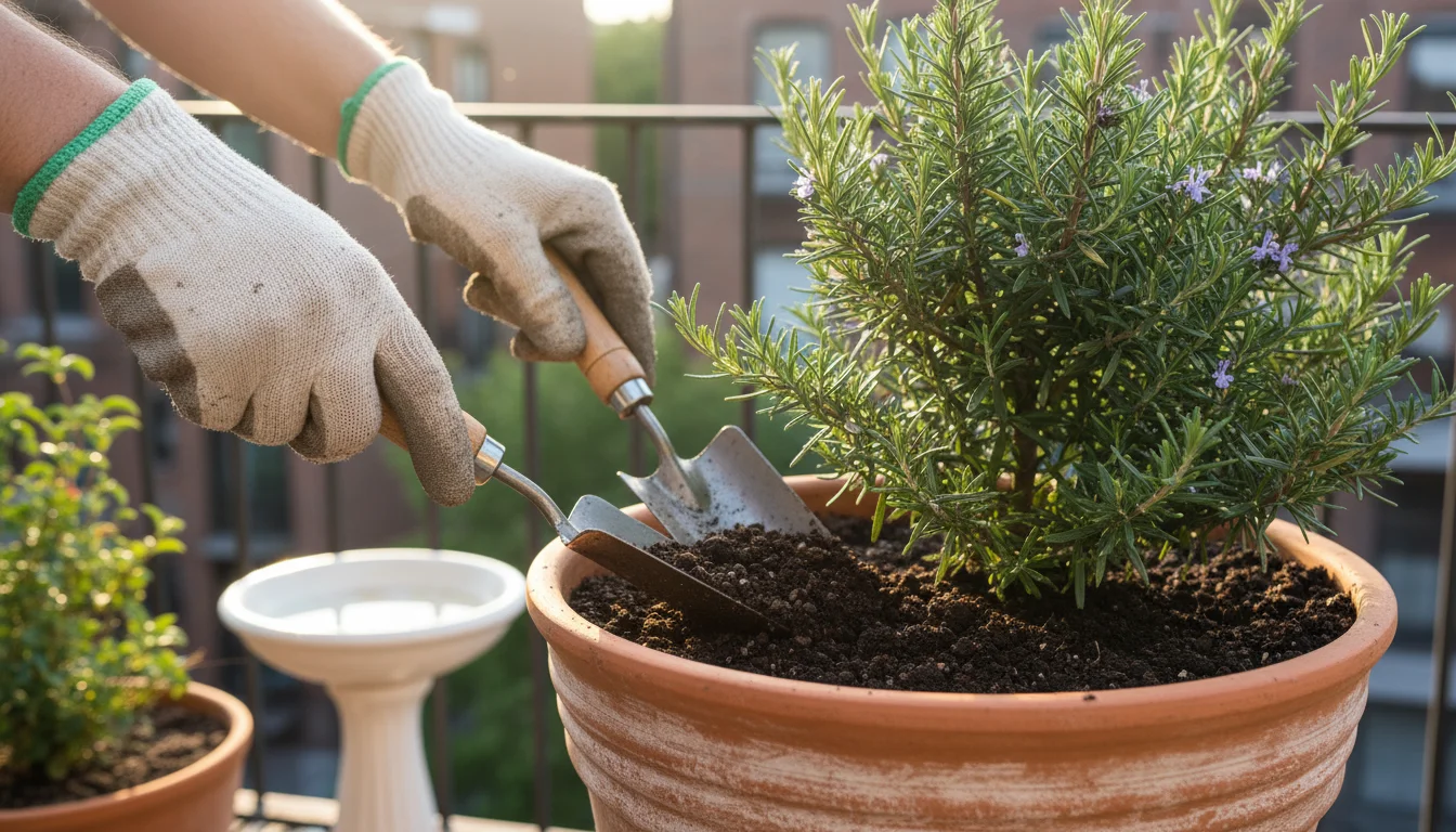 Hands gently mix dark bokashi compost into the soil of a thriving rosemary plant in a terracotta pot on a sunny urban balcony.