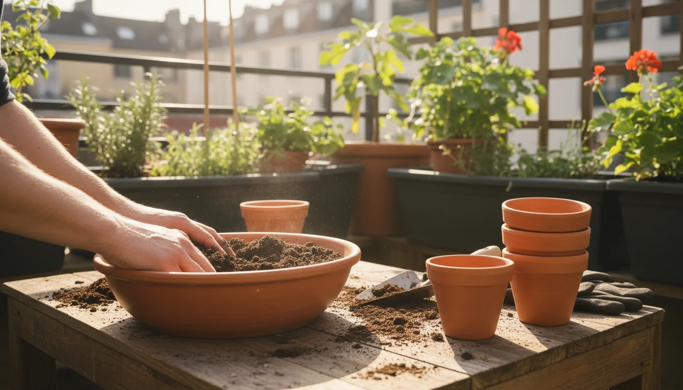 Hands mix dark compost into potting mix in a terracotta bowl on a patio table, with empty pots and thriving plants in background.