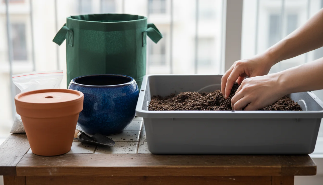 Hands mix dark potting soil next to various containers like terracotta, ceramic, and fabric pots on a bright balcony table.