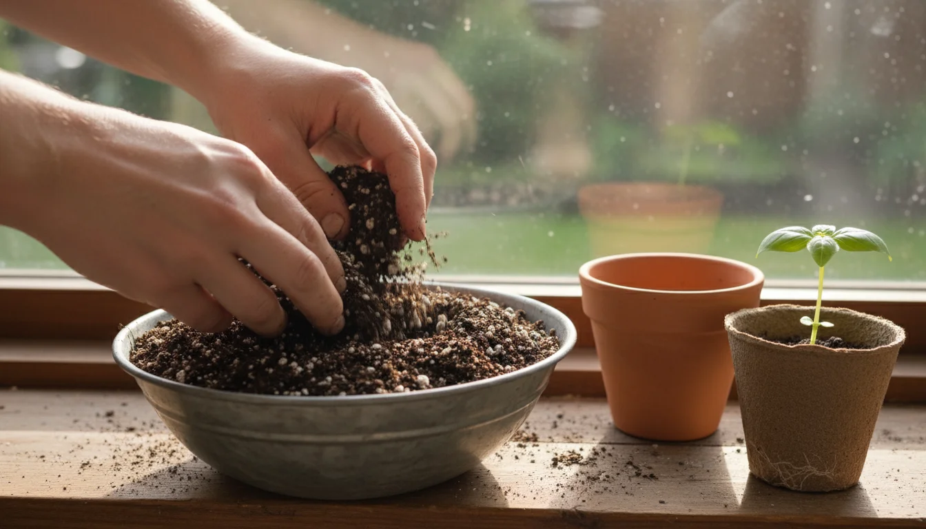Hands gently mix dark potting soil with white perlite in a metal bowl on a sunny wooden windowsill. An empty terracotta pot and small herb seedling ar