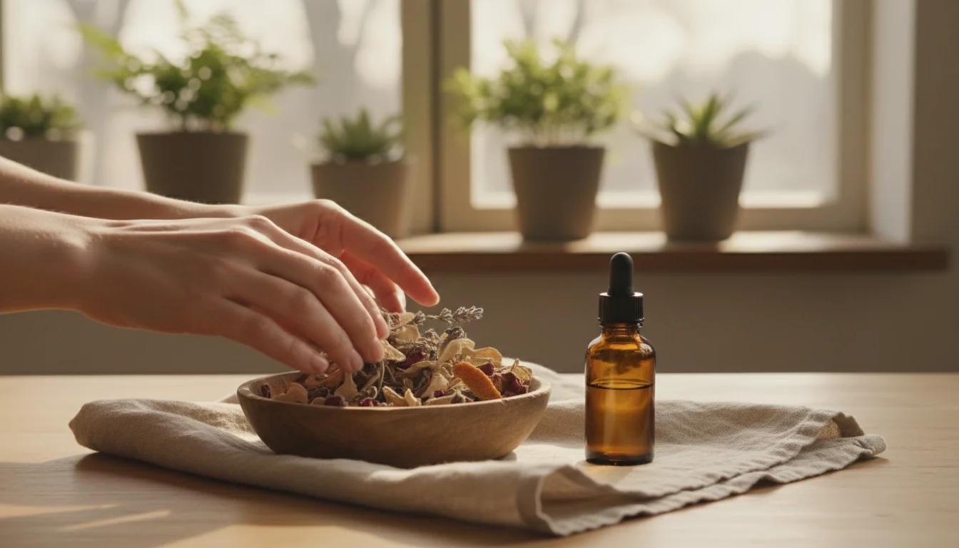Hands gently mix faded potpourri in a wooden bowl with essential oil on a simple wooden surface near plants.