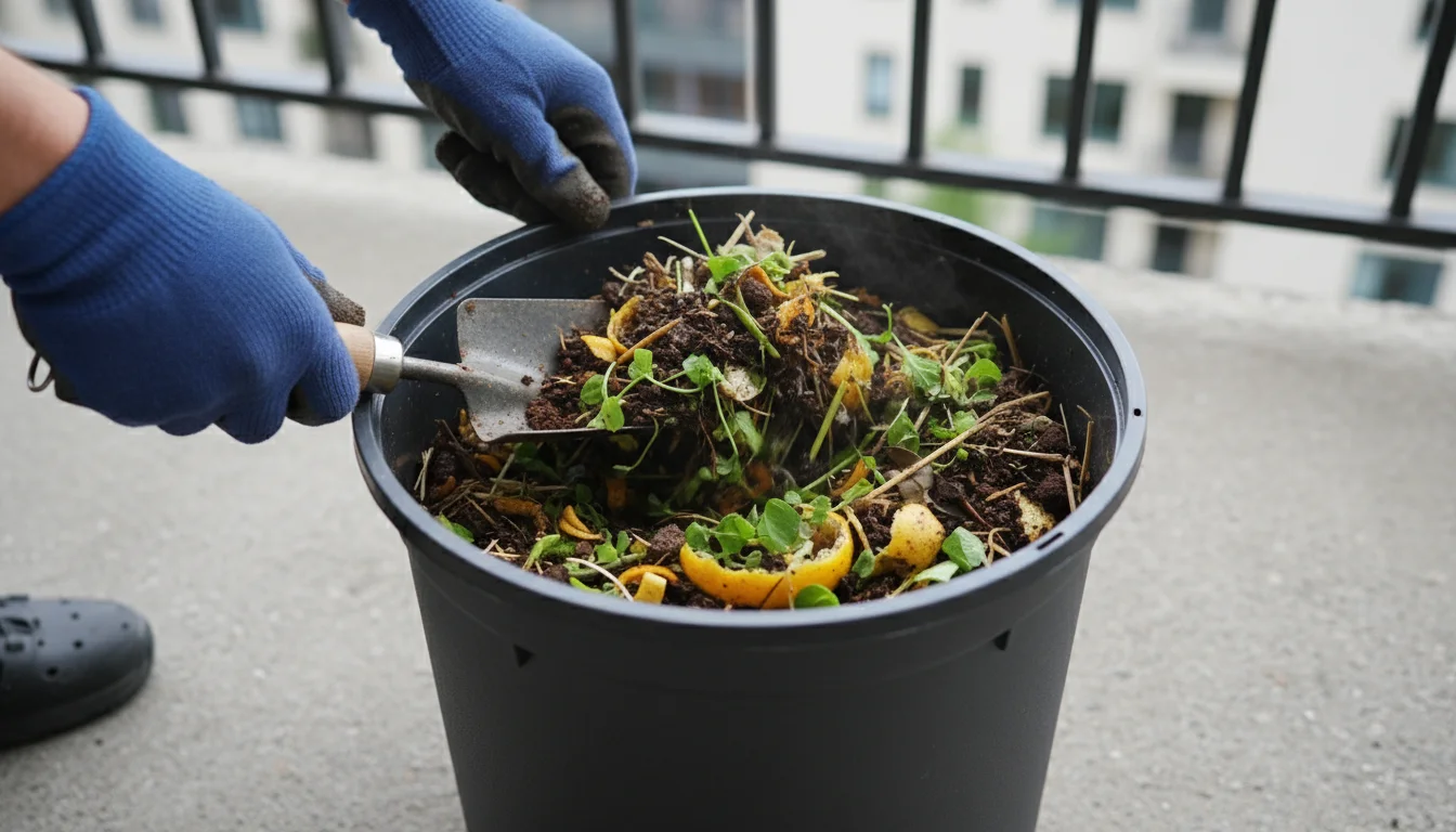 Hands mix green kitchen scraps and brown shredded cardboard/leaves with a trowel in a small compost bin on a balcony, showing the ideal ratio.