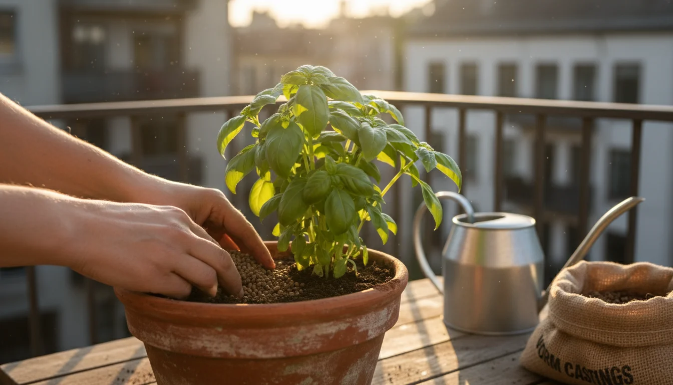 Hands gently mix organic granular fertilizer into the soil of a lush basil plant in a terracotta pot on a sunny balcony.