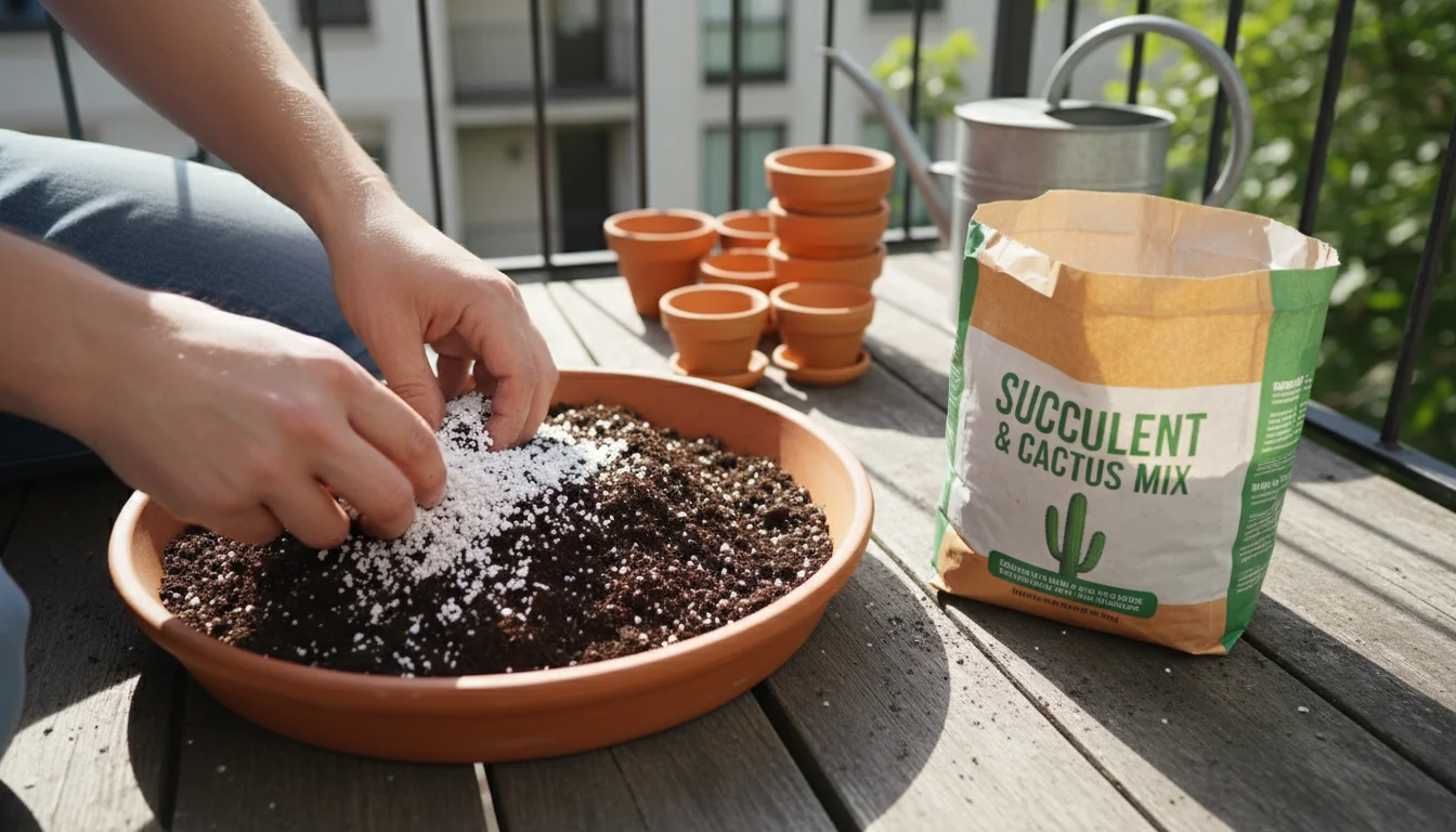 Hands mix perlite into dark potting mix in a shallow tray on a sun-dappled balcony. A bag of succulent mix and pots are nearby.