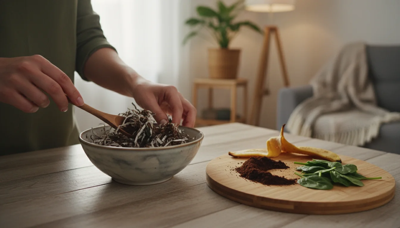 Hands mix shredded paper and coco coir in a ceramic bowl. Beside it, coffee grounds, banana peel, and spinach leaves sit on a bamboo board.