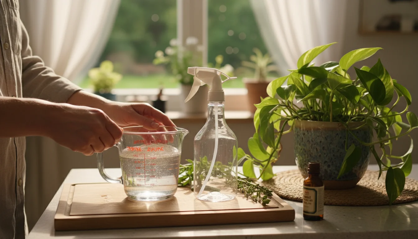 Hands mix water and soap in a measuring cup next to an empty spray bottle and a potted Pothos on a counter.