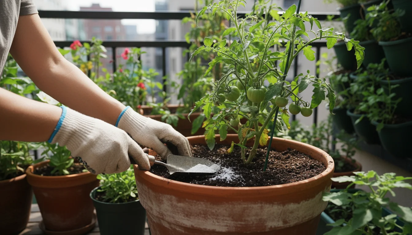 Close-up of hands mixing agricultural lime into the soil of a healthy potted tomato plant on an urban balcony.