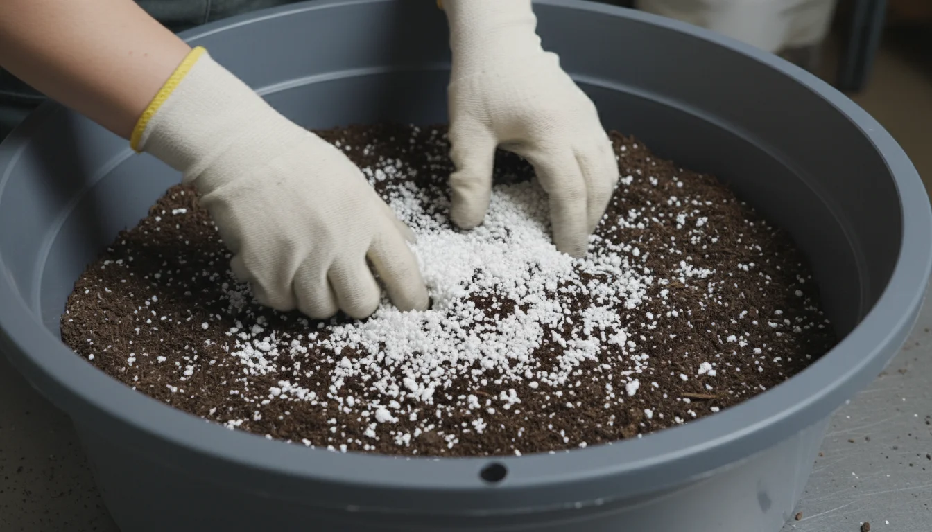 Hands mixing bright white perlite into dark potting mix in a grey utility tub, creating a lighter, fluffier texture.