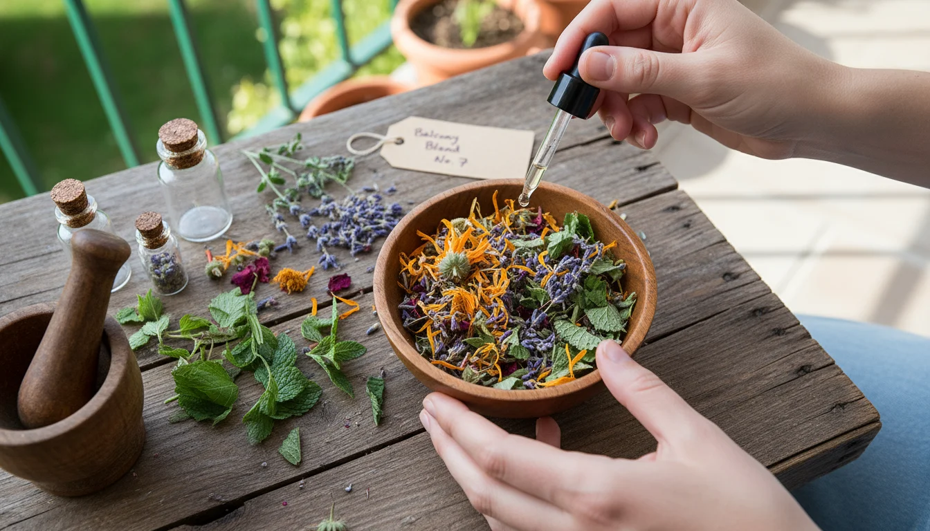 Hands gently mixing colorful dried flowers and green herbs in a wooden bowl on a balcony, with fabric squares and an essential oil dropper visible.
