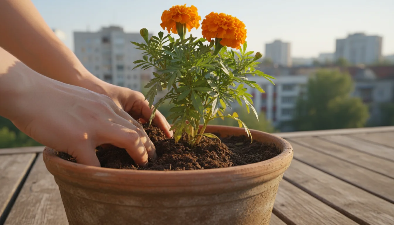 Close-up of hands gently mixing compost into the soil around a young marigold plant in a terracotta pot on a balcony.
