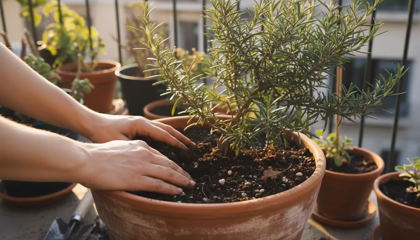 Close-up of hands mixing compost into the topsoil of a terracotta pot containing a rosemary plant on a sunny balcony.