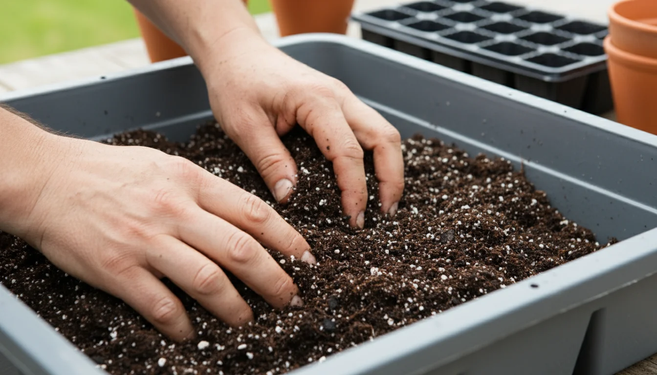 Close-up of hands mixing damp, rich brown seed starting mix in a grey tub, with empty seed trays in the blurred background.