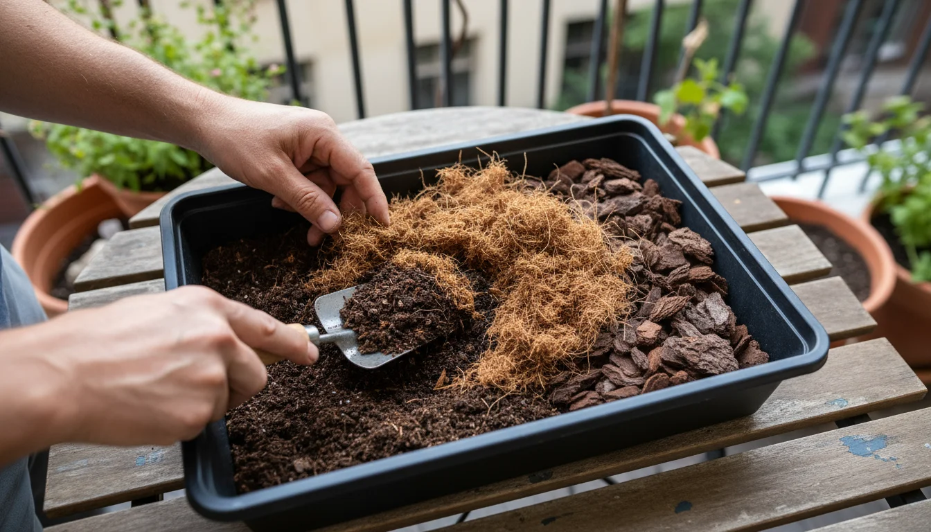 Overhead view of hands mixing dark compost, light coco coir, and bark in a potting tray on a patio table.