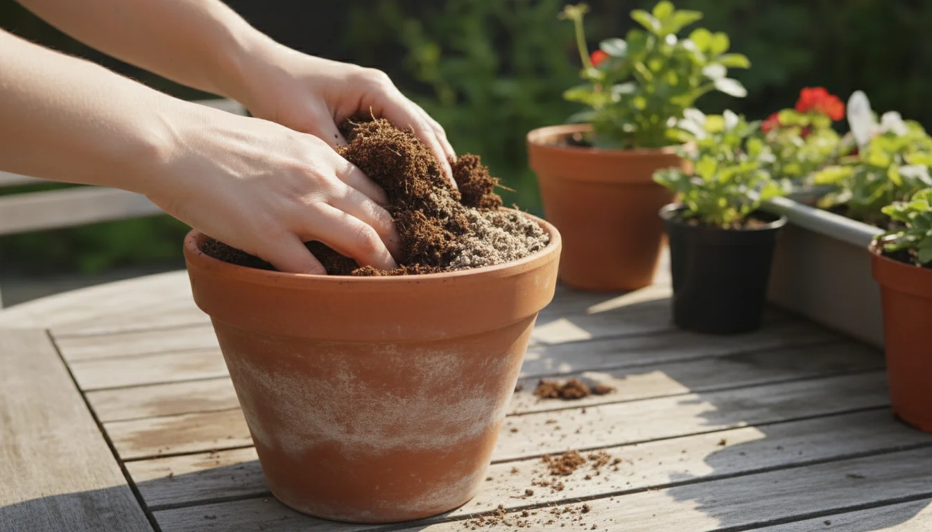 Close-up of hands mixing dark compost into lighter peat-free potting mix in a terracotta pot on a weathered patio table.