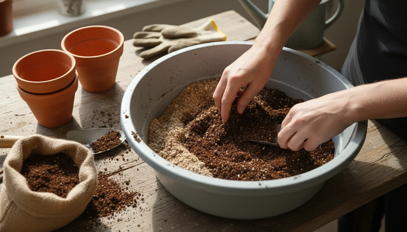 Hands mixing dark compost into potting soil in a shallow tray, surrounded by small terracotta pots and gardening tools on a patio table.