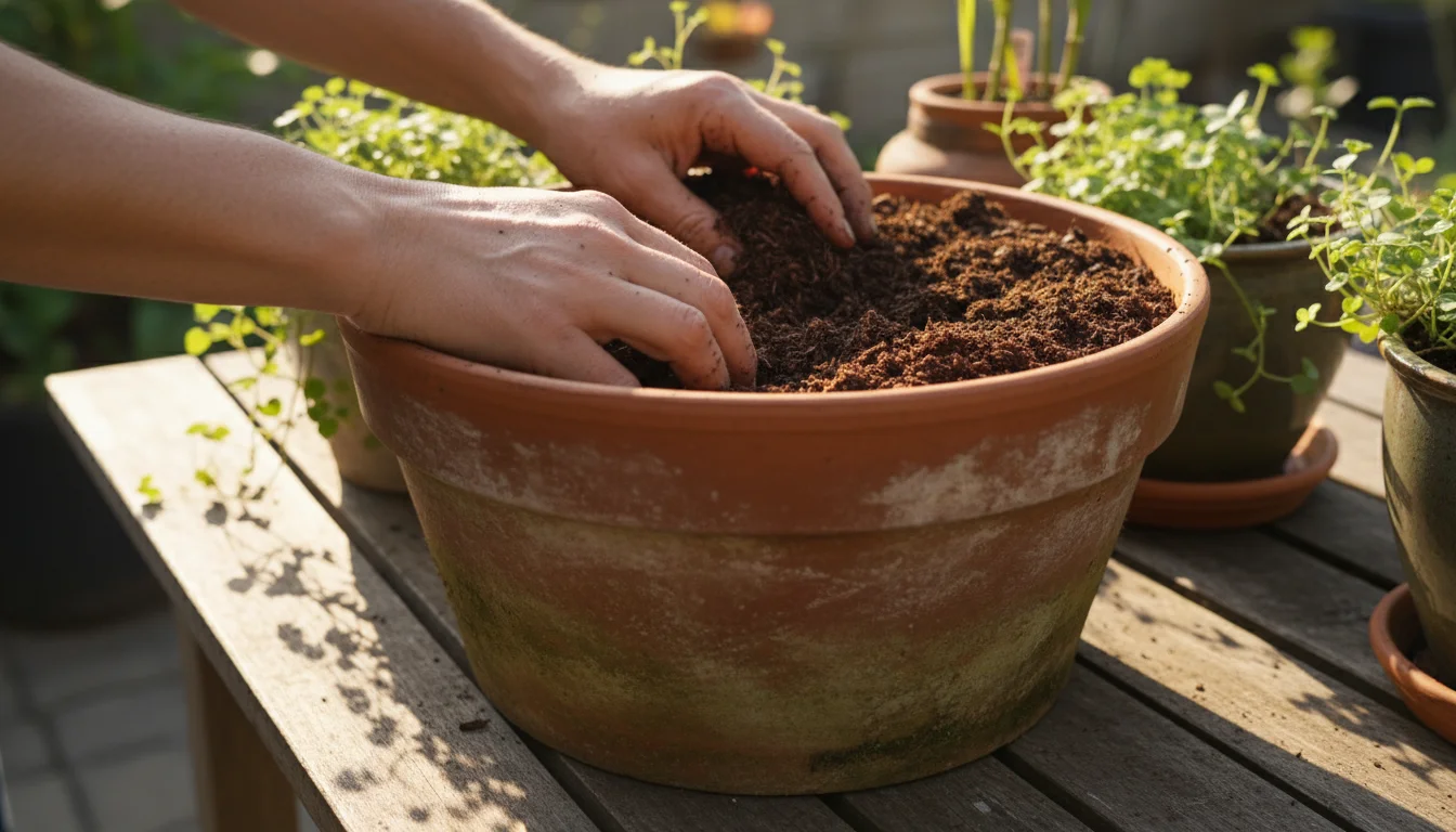 Close-up of hands mixing dark compost into potting soil in a terracotta pot on a wooden patio surface.