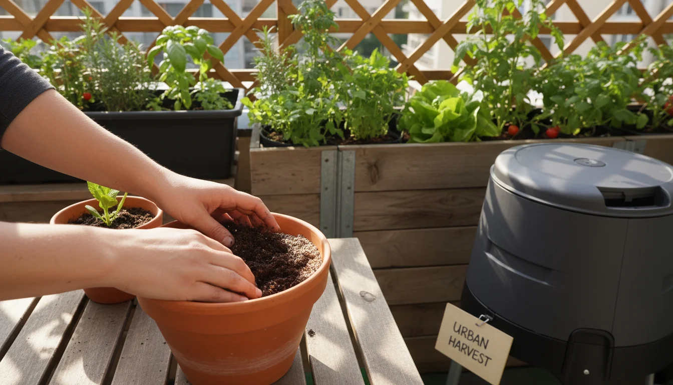 Hands mixing dark compost into potting soil on an urban balcony with thriving container plants and a small compost tumbler.