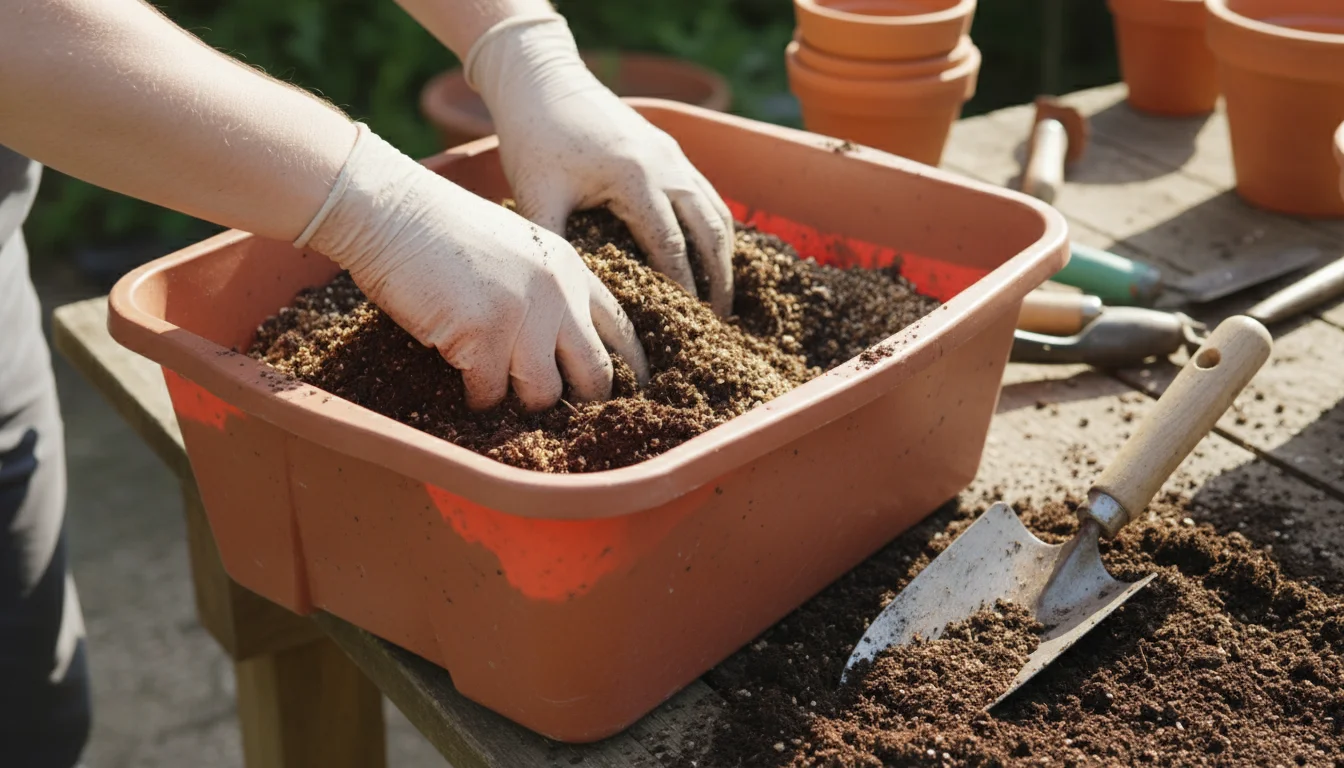 Close-up of hands mixing dark, crumbly compost with lighter potting mix in a tub on a patio table.