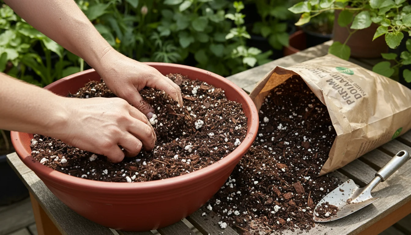 Close-up of hands mixing dark, high-quality potting mix with visible perlite and organic matter in a terracotta pot, on a small balcony.