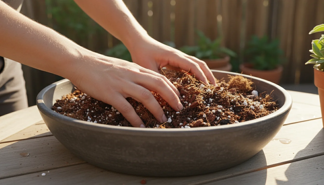 Close-up of hands mixing dark organic compost, light coco coir, and white perlite for potting mix in a basin on a sunny patio, with blurred vertical g
