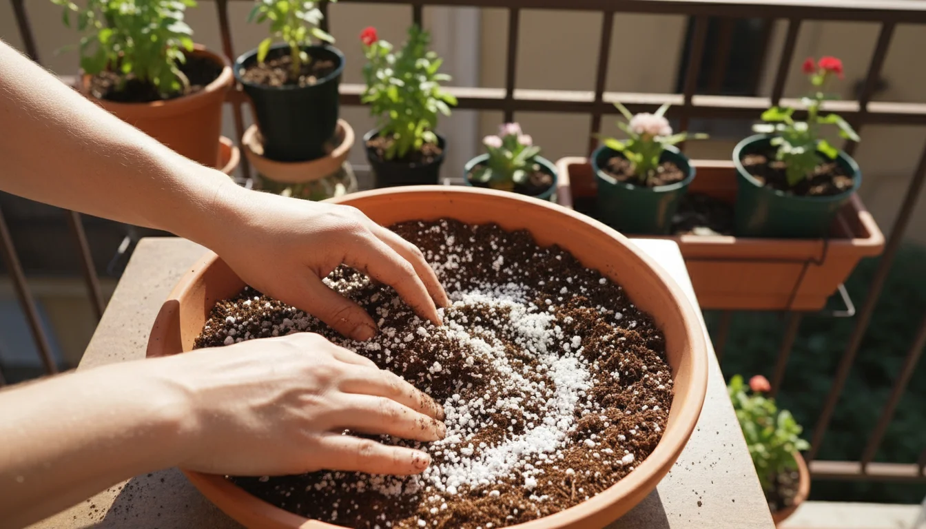 Hands mixing dark organic potting soil with white perlite in a terracotta saucer on a wooden balcony table, surrounded by container plants.
