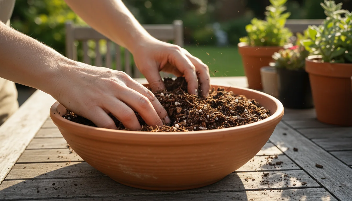 Close-up of hands mixing dark, peat-free potting mix with visible coco coir and perlite in a rustic pot on a sun-dappled patio.