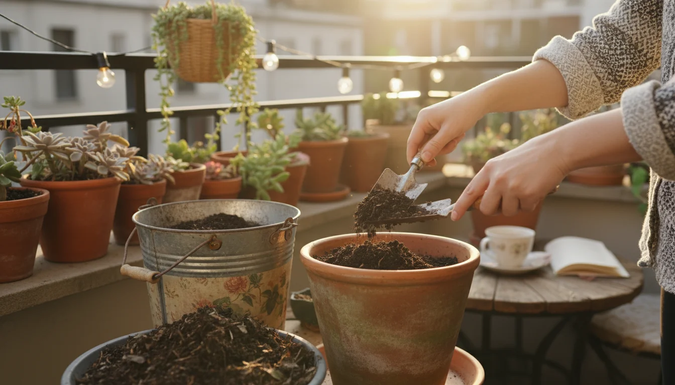 Hands mixing dark potting soil and homemade compost in a large, worn terracotta pot on a wooden balcony surface.