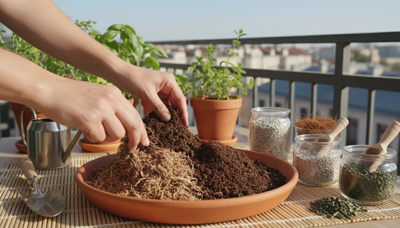 Hands mixing dark potting soil, light compost, and worm castings in a terracotta tray on a sunny balcony, with ingredient bags nearby.