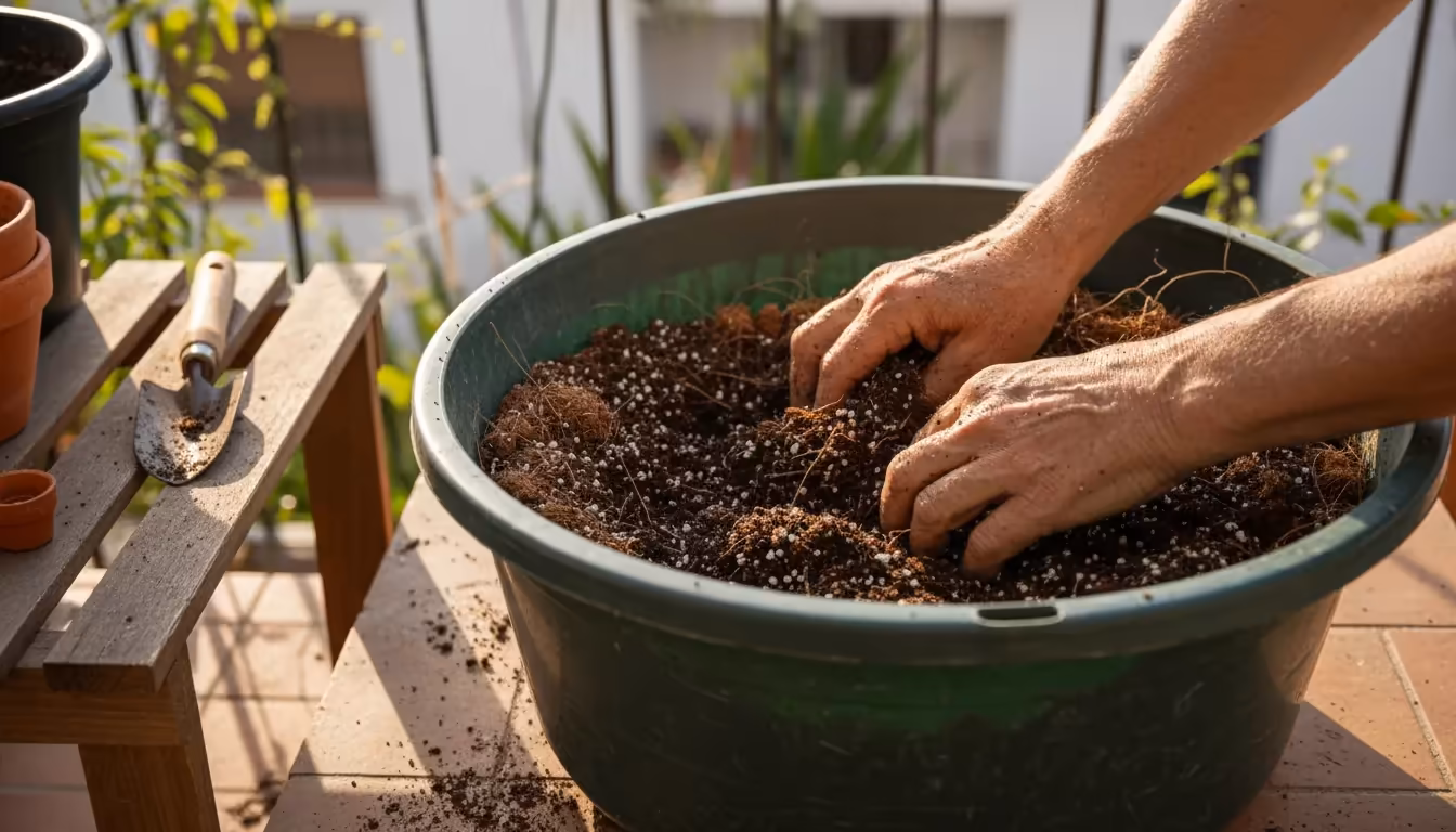 Close-up of hands mixing dark potting soil with perlite and coir in a tub on a balcony, creating an ideal container soil blend.
