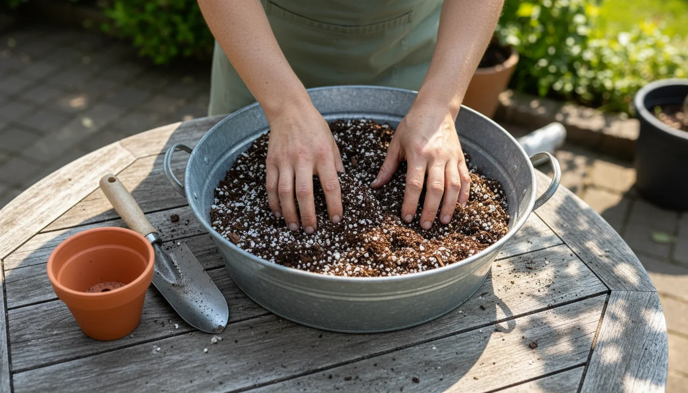 Hands mixing dark potting soil with perlite and compost in a metal tub on a wooden table. An empty terracotta pot and ginger rhizome are nearby.