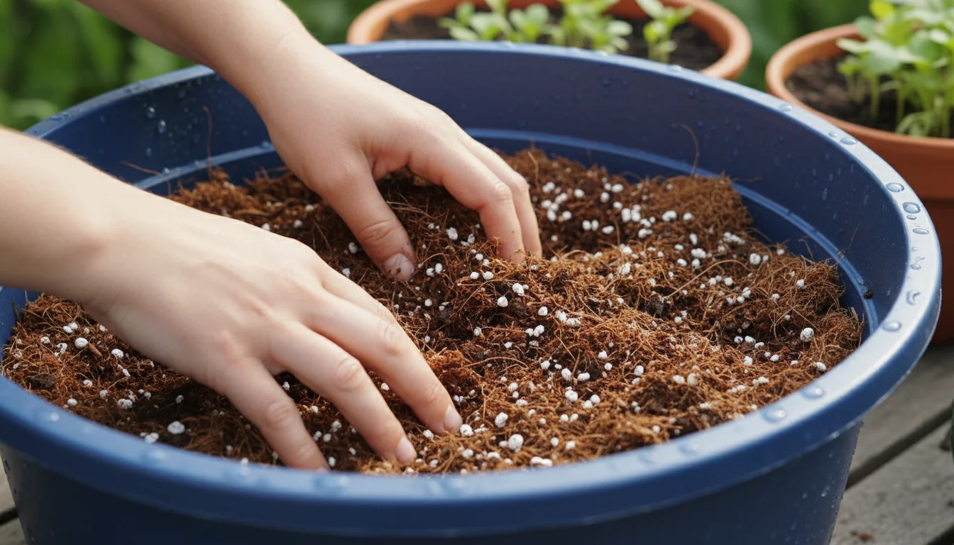 Close-up of hands mixing dark potting soil with visible white perlite and brown coco coir in a blue tub, empty terracotta pots blurred in background.