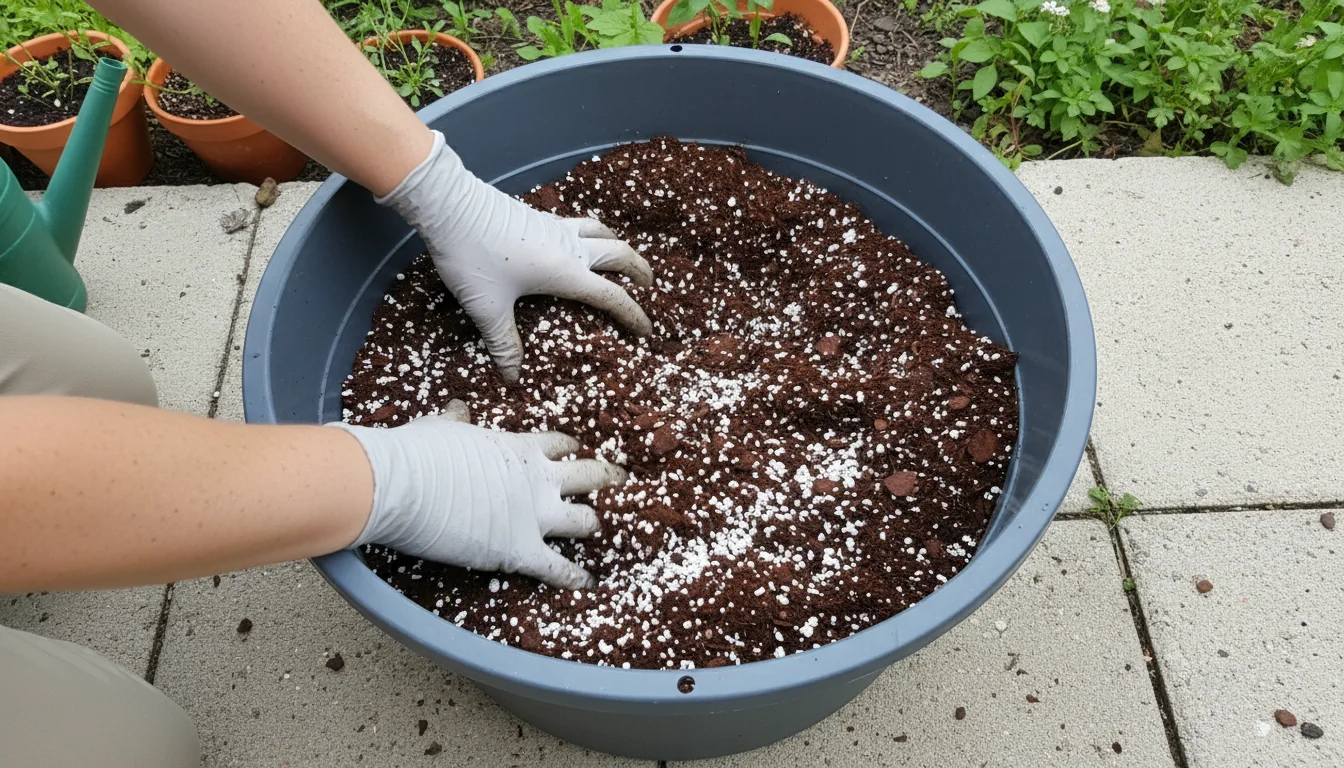 Hands mixing dark potting soil with white perlite and bark chips in a grey plastic tub on a patio paver.