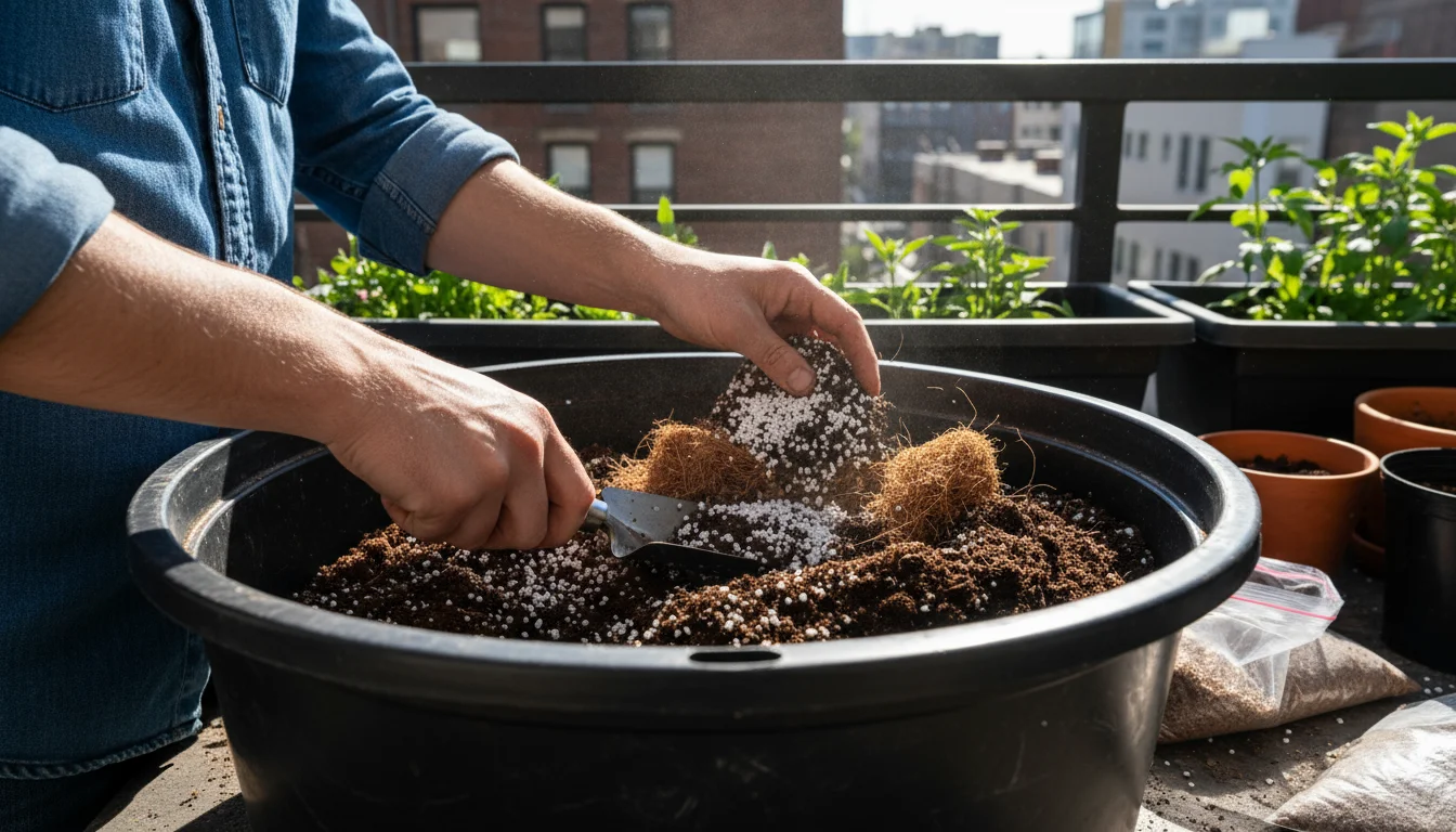 Hands mixing dark potting soil with white perlite, fibrous coir, and rich compost in a tub on a sunny balcony, healthy container plants in background.