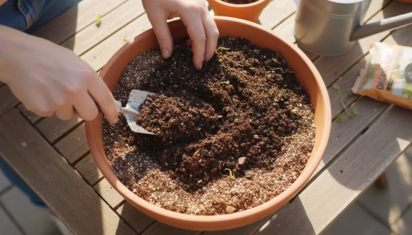Overhead view of hands mixing dark, rich compost into lighter potting soil in a weathered terracotta pot on a sun-dappled patio table.