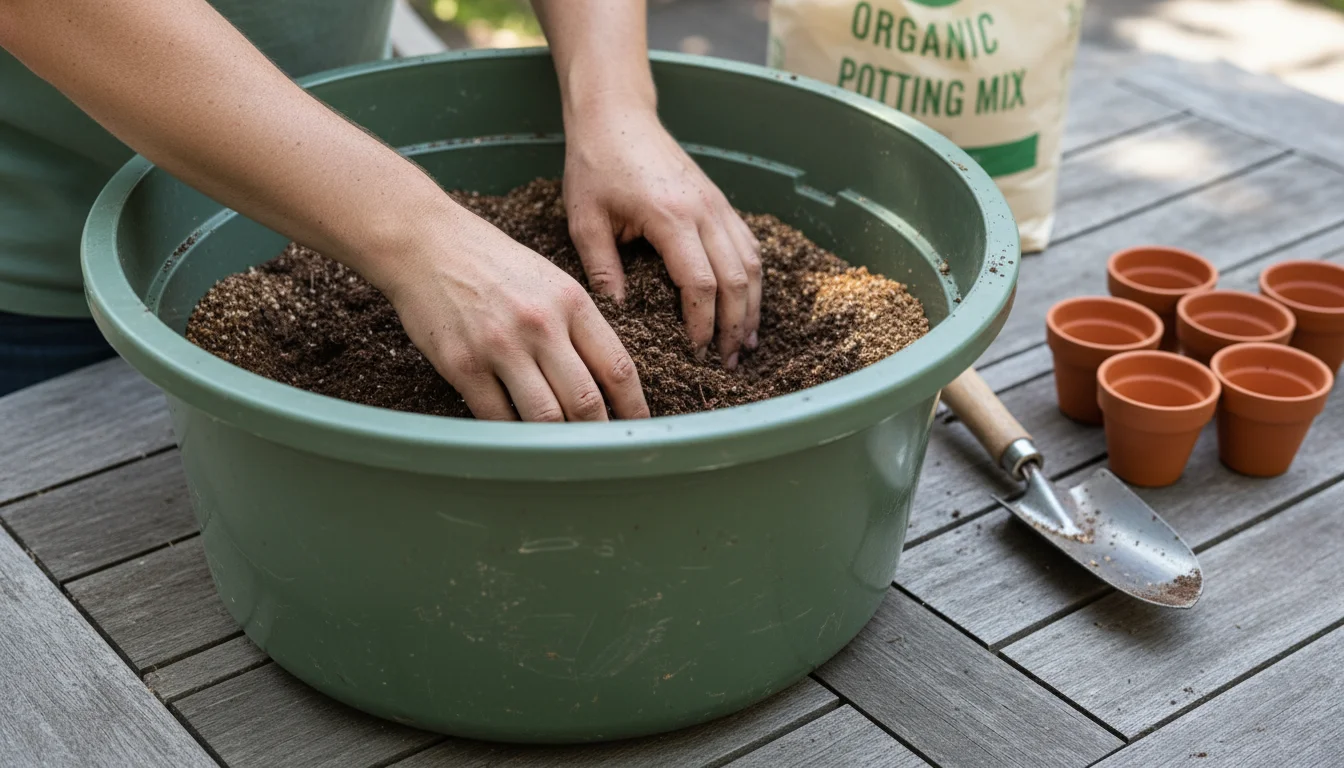 Close-up of hands mixing dark, rich compost into lighter potting soil in a plastic tub on a rustic patio table, with blurred pots.