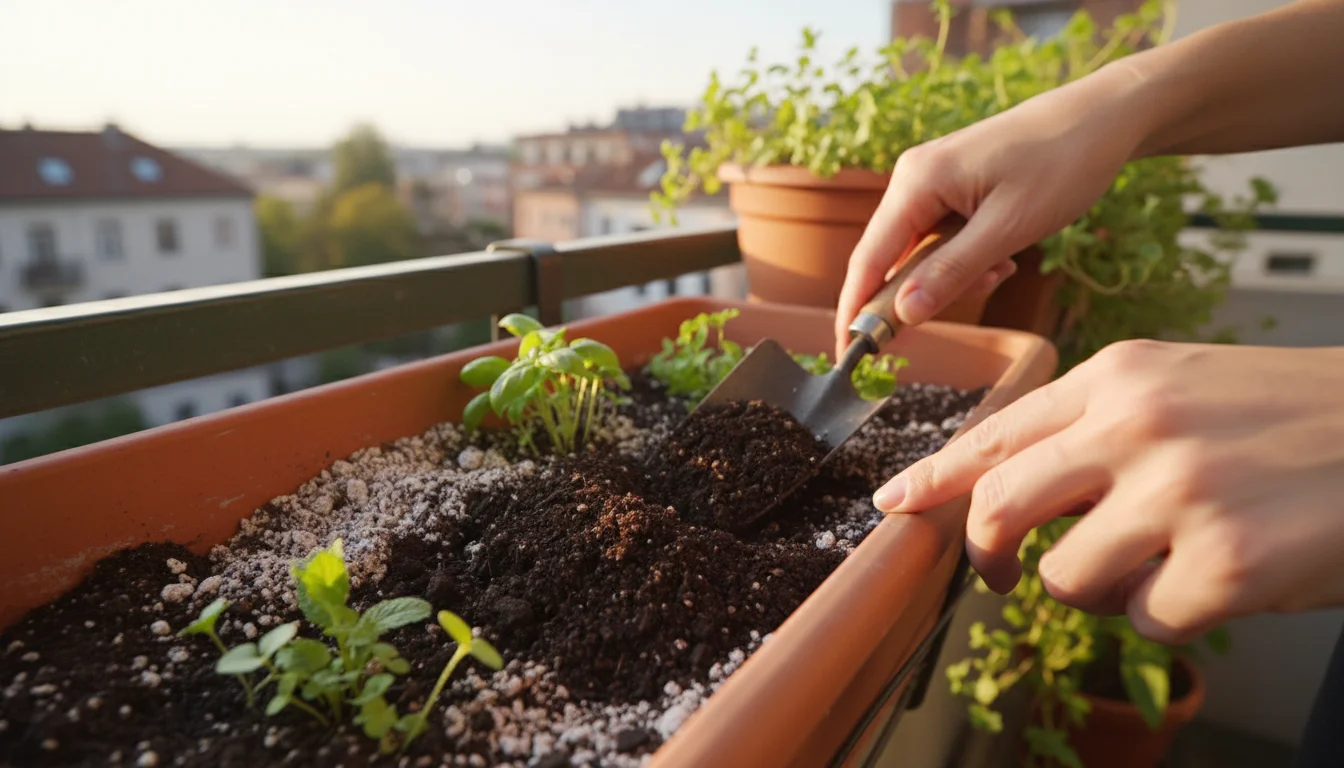 Close-up of hands mixing dark, rich compost into pale potting soil in a weathered terracotta balcony railing planter with young, thriving herb seedlin