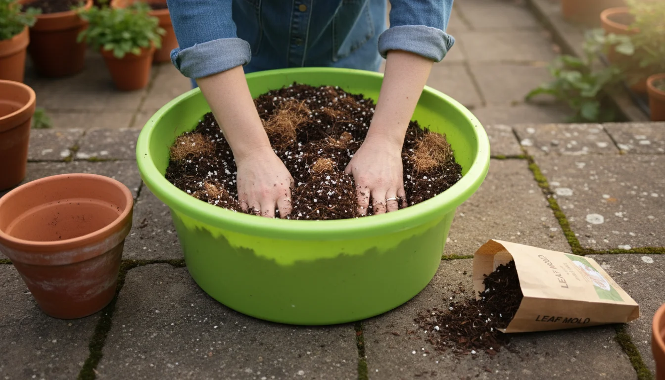 Hands mixing dark, rich peat-free potting mix with compost, coir, and perlite in a green trug on a patio, an empty terracotta pot nearby.