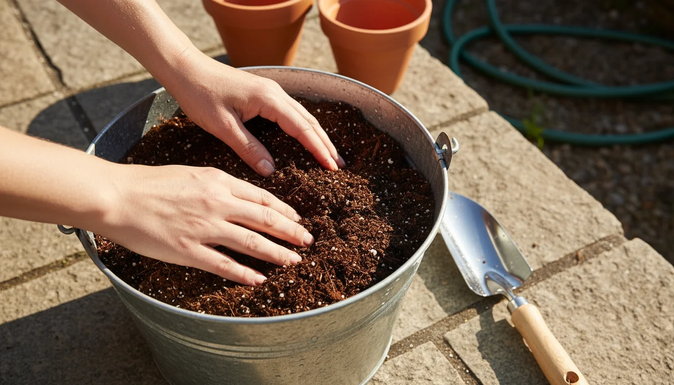 Close-up of hands gently mixing dark, rich potting mix with visible perlite and fertilizer granules in a metal bucket on a sunny patio.