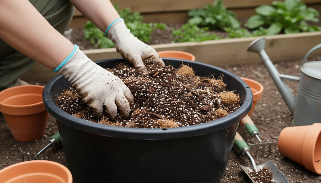 Close-up of hands mixing dark, textured peat-free potting mix (composted bark, perlite, coir) in a tub on a small patio potting bench.