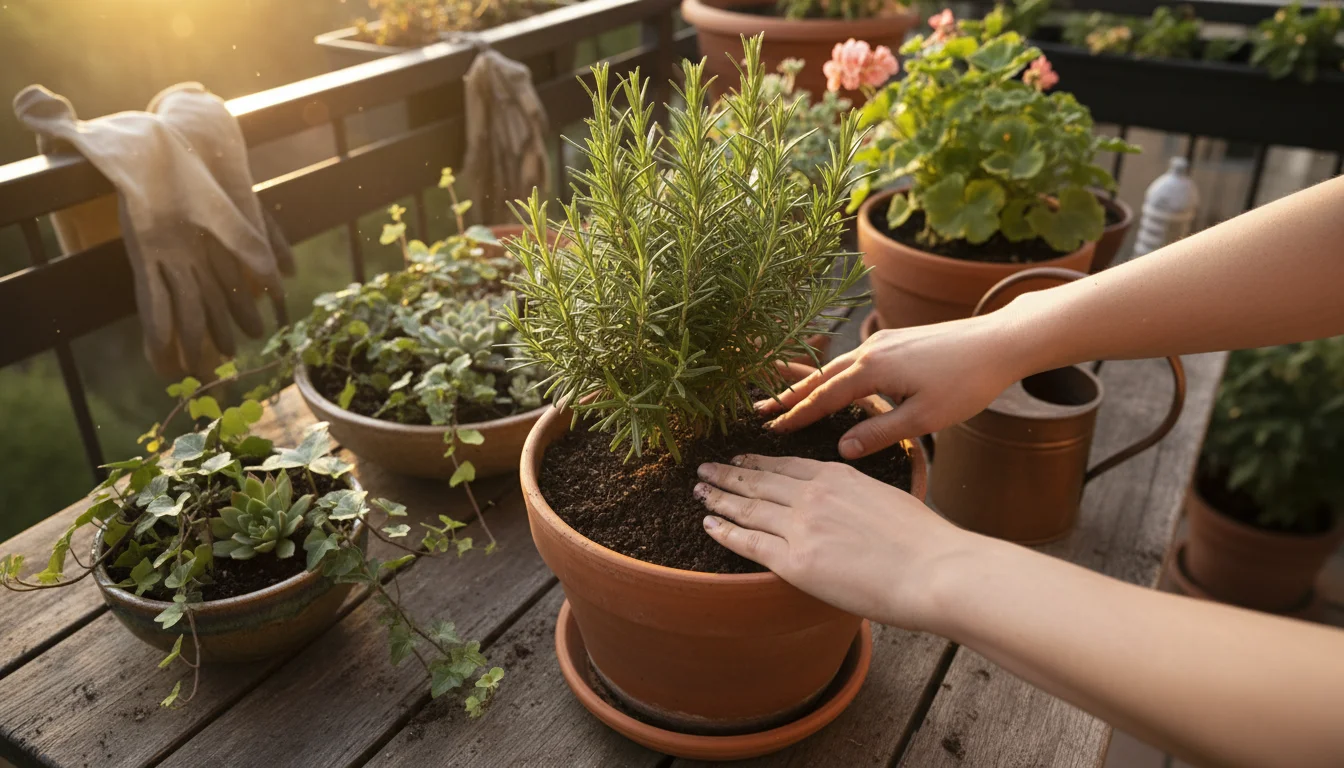 Close-up of hands gently mixing dark worm castings into the soil of a potted rosemary plant on a sunny balcony table, surrounded by other container pl