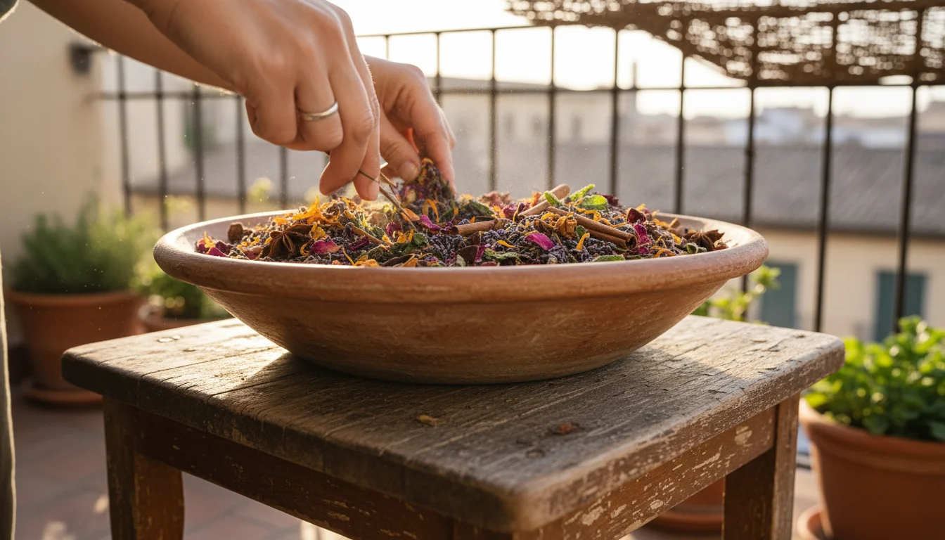Close-up of hands gently mixing dried lavender, rose petals, mint, rosemary, and lemon verbena in a rustic bowl on a balcony stool.