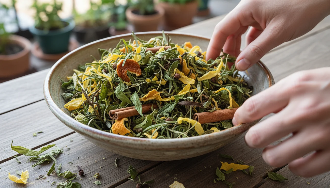 Overhead view of hands gently mixing dried mint, lemon verbena, orange peels, rosemary, cinnamon, and cloves in a rustic ceramic bowl on a wooden tabl