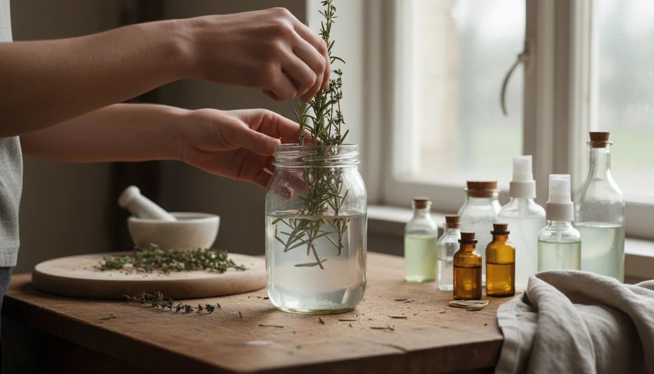 Hands mixing dried rosemary and thyme into a jar of liquid on a kitchen counter, with other homemade cleaning solutions nearby.
