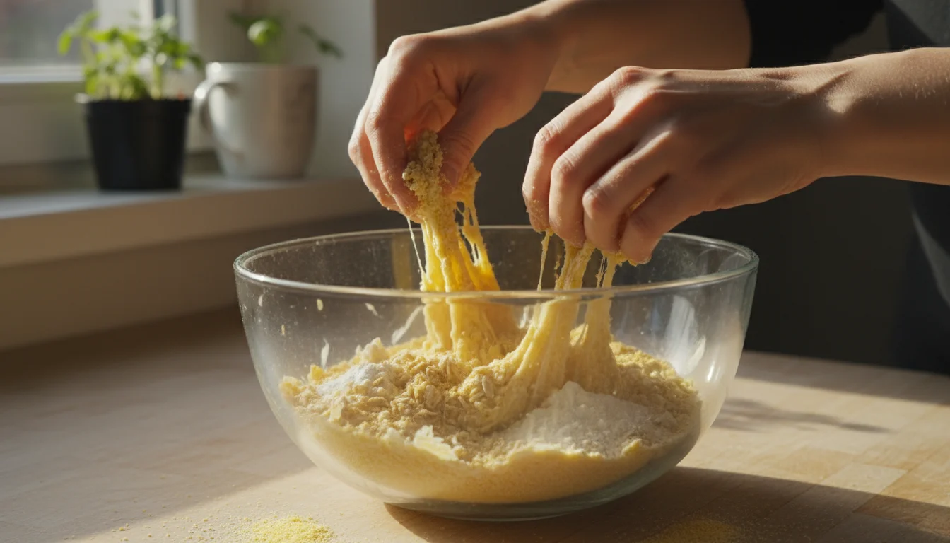 Hands mixing golden cornmeal, rolled oats, and flour into suet in a glass bowl on a sunlit kitchen counter, forming a cohesive dough.
