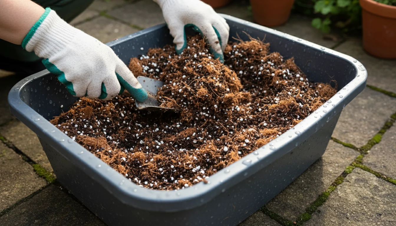 Hands mixing a high-quality, peat-free potting mix of coir, compost, perlite, and vermiculite in a grey trug on a patio.