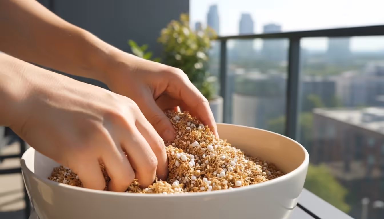 Close-up of hands gently mixing a light, airy seed starting mix with visible perlite and vermiculite in a bowl on a bright balcony table.