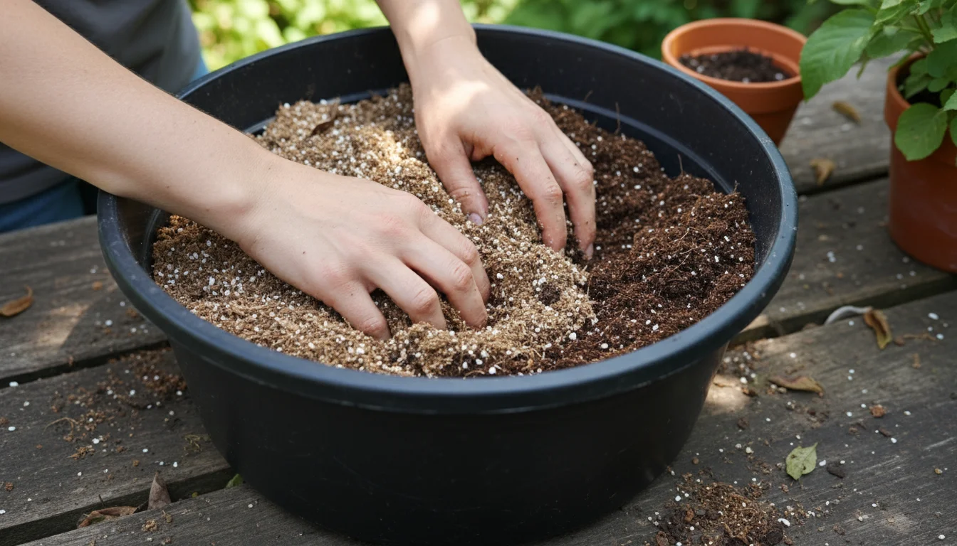 Close-up of hands mixing light brown potting mix, white perlite, and dark compost in a flexible gardening trug on a balcony.