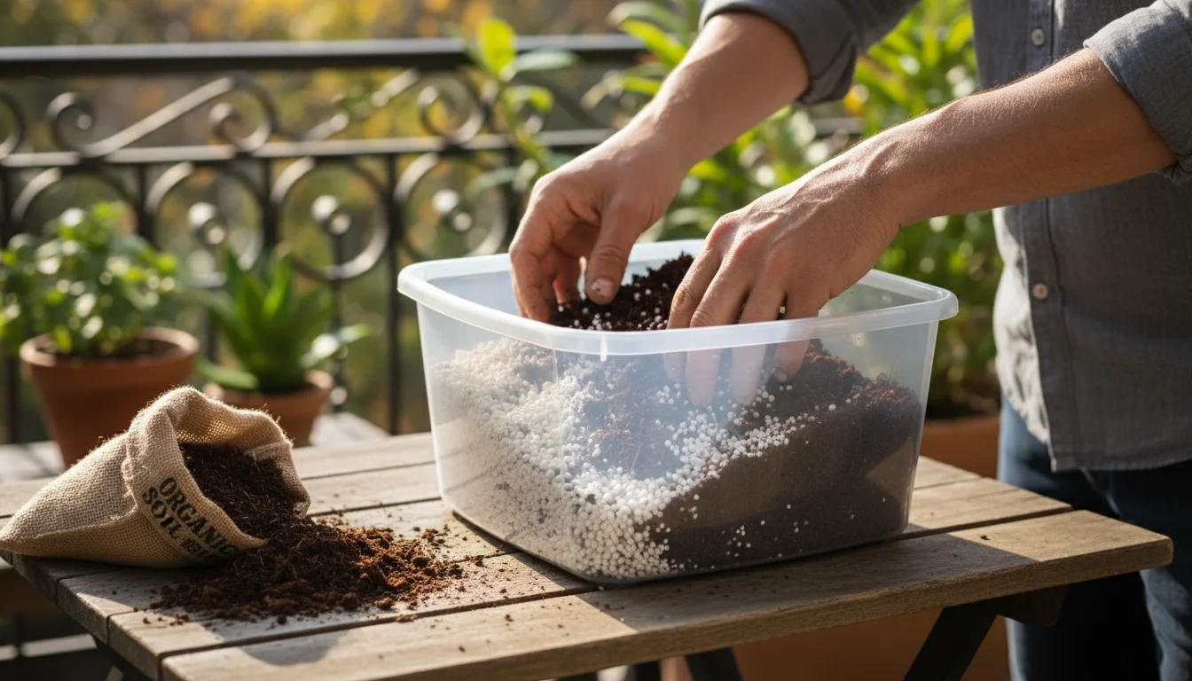 Hands mixing light perlite, dark coco coir, and peat moss in a clear tub on a wooden table, with a potting mix bag nearby.
