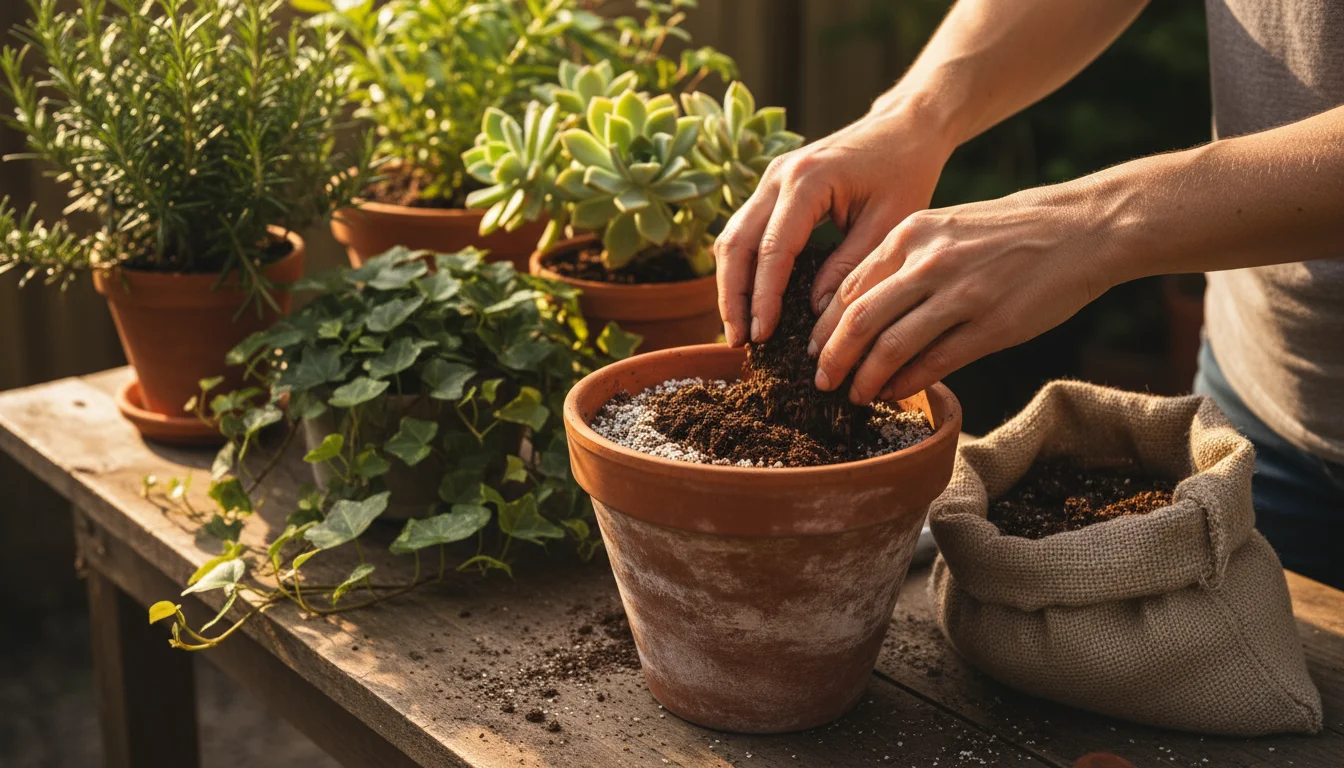 Close-up of hands gently mixing natural soil amendment into potting mix in a terracotta pot on a sunlit balcony, surrounded by small container plants.