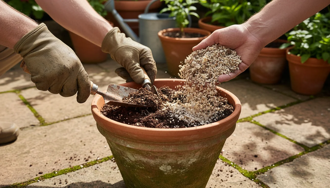 Close-up of hands mixing old, compacted potting soil with fresh compost and perlite in a terracotta pot on a sunny patio.